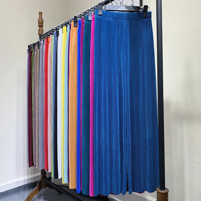 Summer Thin Chiffon Wide Leg Pants For Women Casual Candy Color Loose Long Pants Lady Solid Color Straight Pleated Trousers