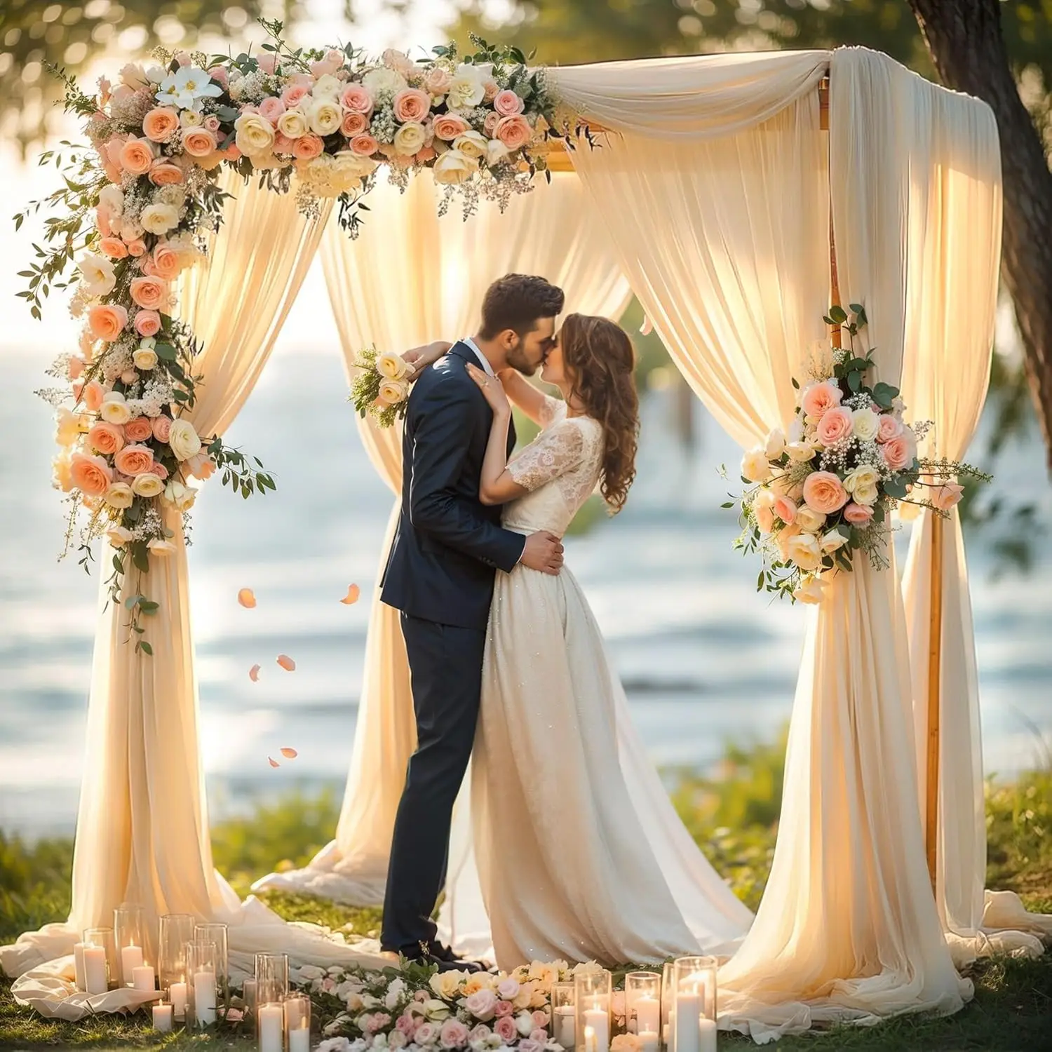 Wedding Arch Draping Fabric, 1 Panel 6/10M Champagne Sheer Backdrop Curtain Wedding Arch Decorations for Party Ceiling