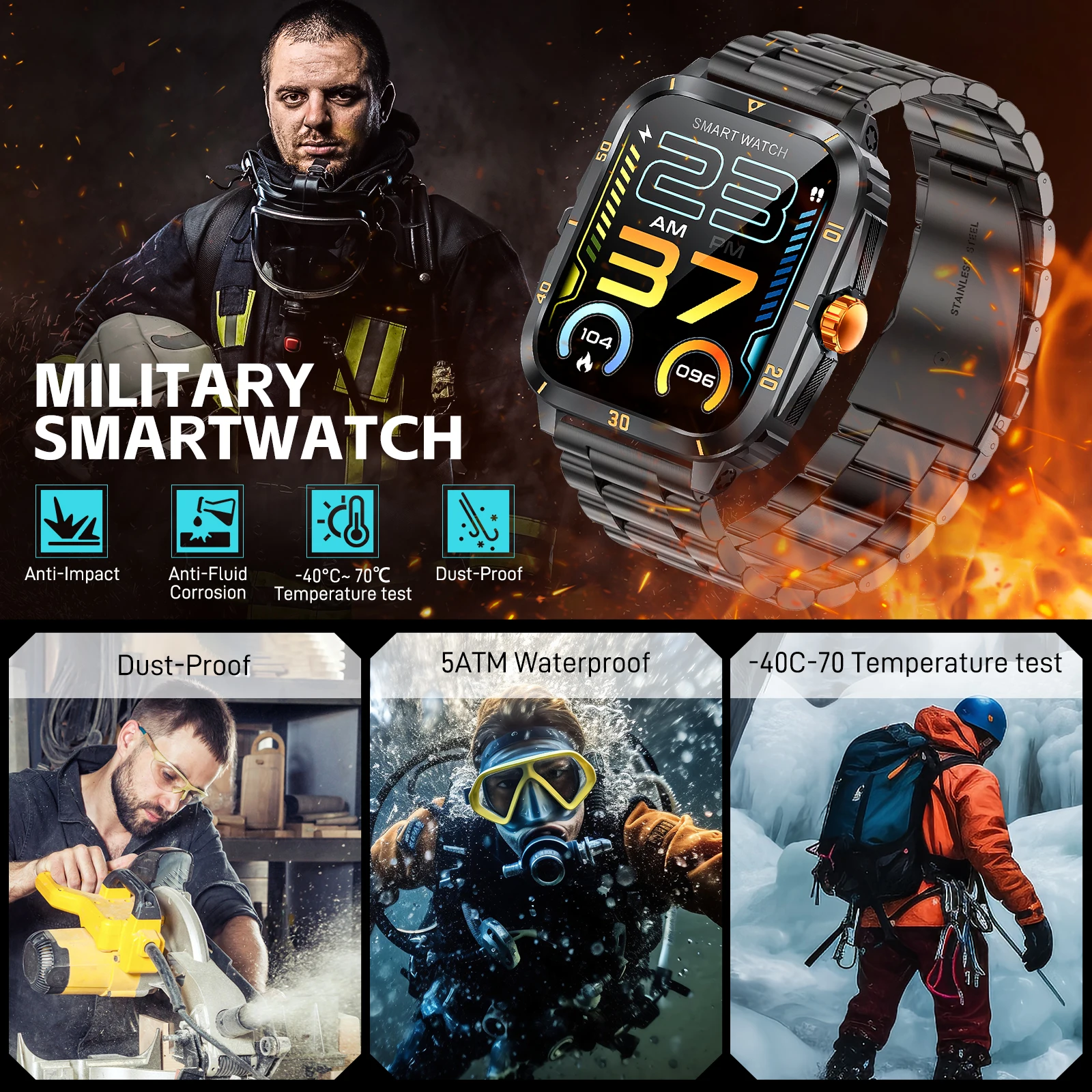 LaNikar Smart Watch 3ATM Waterproof 1.96" IPS Screen Military KT71 Men 100+ Sport Mode Heart Rate Blood Pressure Bluetooth Call - Image 2