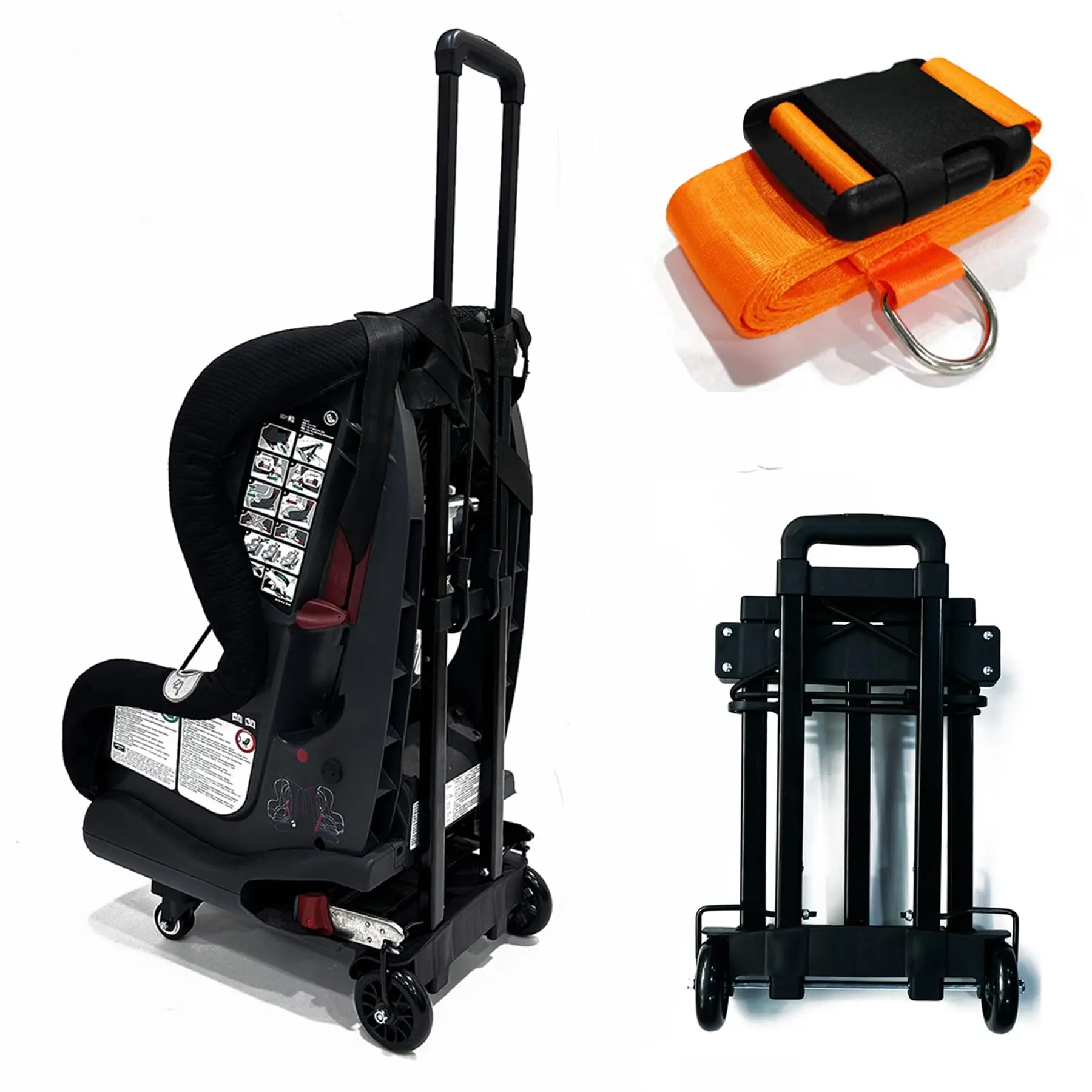 Car Seat Travel Cart, Updated Metal Material Car Seat Carrier for Airport, Folding Hand Truck Dolly Cart with Stable 4 Wheels