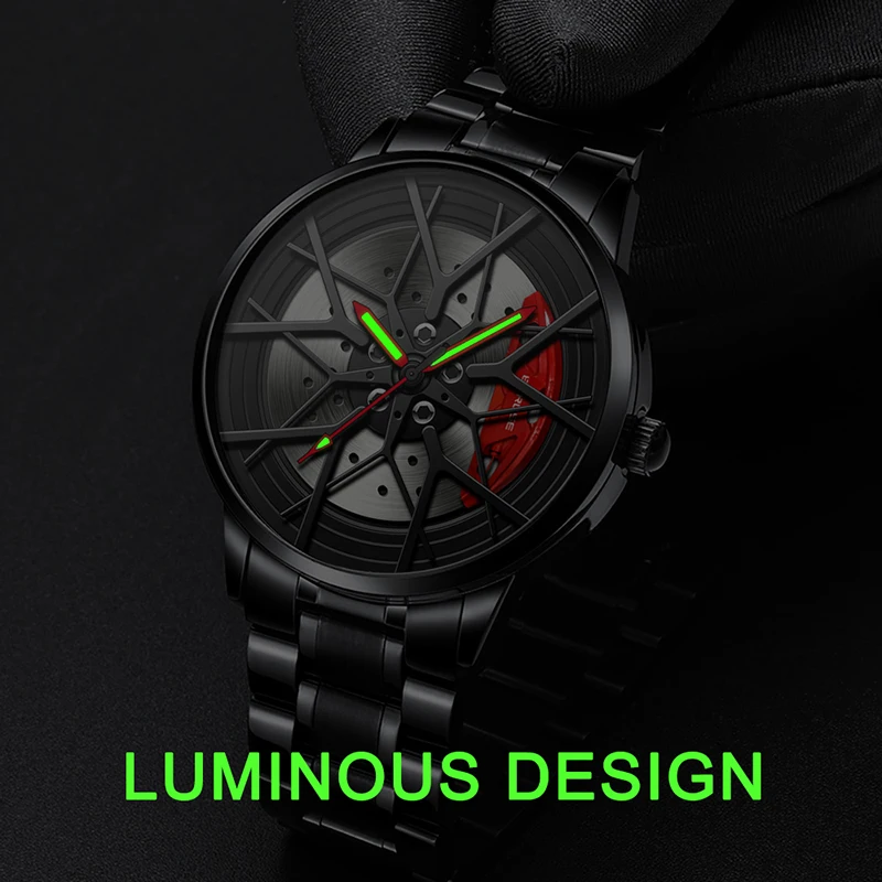 BORUSE Fashion Mens Car Wheel Watches Luxury Stainless Steel Waterproof Watch Men Quartz Wristwatch Male Clock relogio masculino