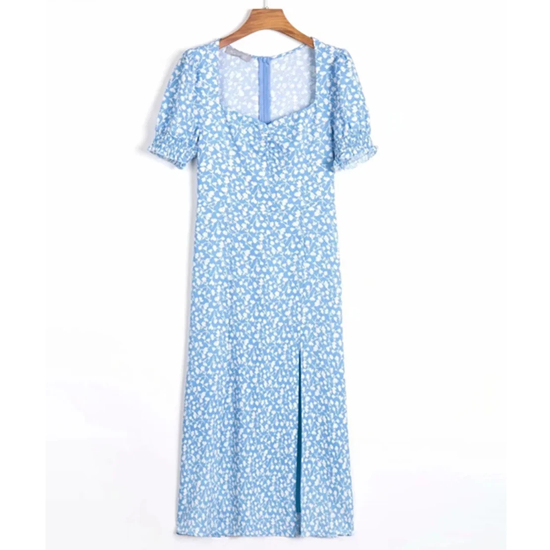 

Maxdutti Indie Folk Square Collar Sexy Beach Forking Midi Dress Women Summer French Style Fashion Vintage Blue Floral print