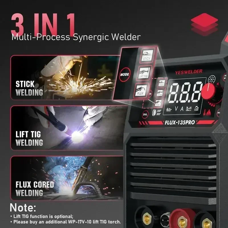 YESWELDER FLUX-135PRO 135Amp MIG Welder 110V Flux Core Welder, Gasless MIG/Lift TIG/Stick Multi-Process Synergic Welding Machine 2
