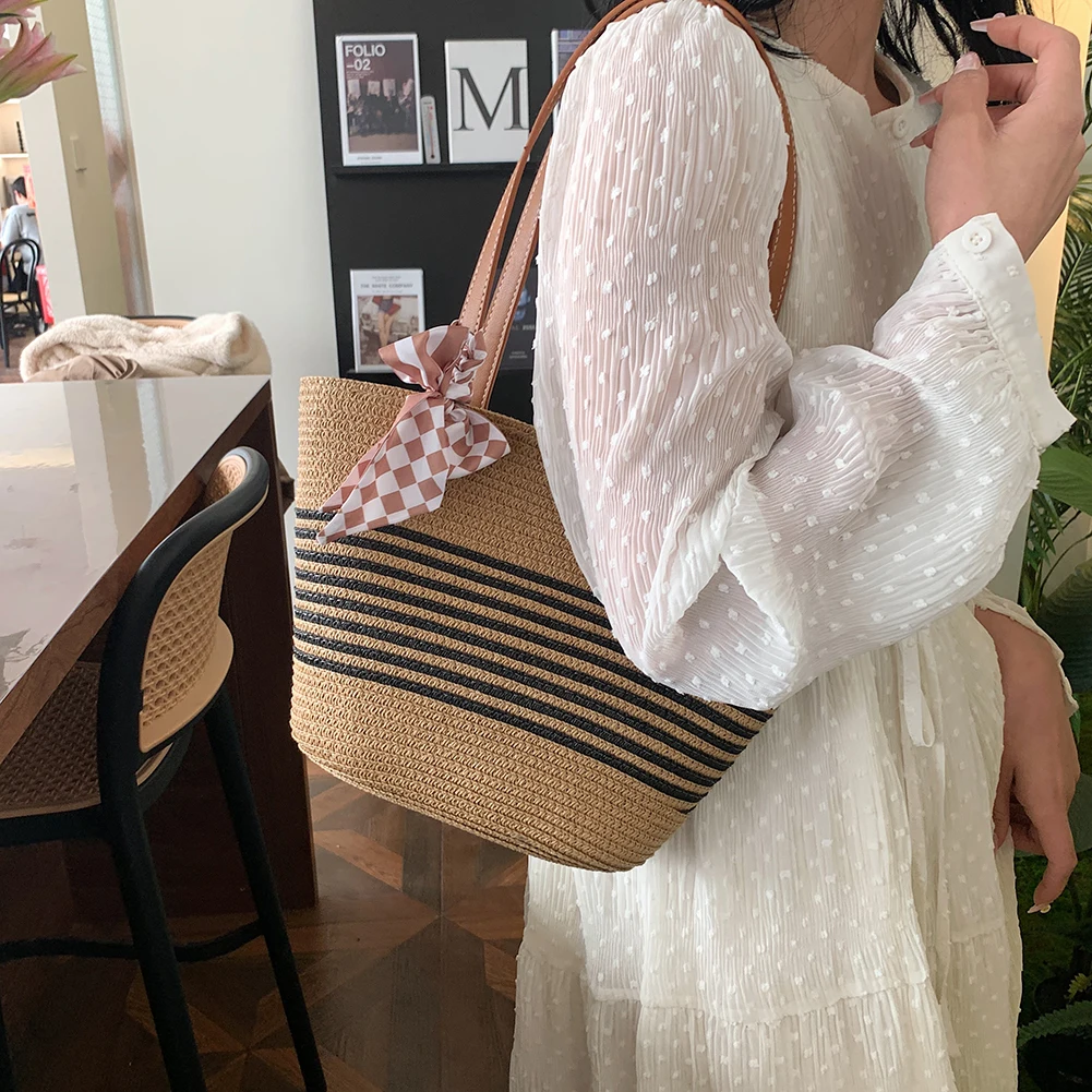 Women Crochet Beach Handbag with Bow Weaving Striped Handbag Large Capacity Retro Straw Handbag Ladies Summer Daily Bag