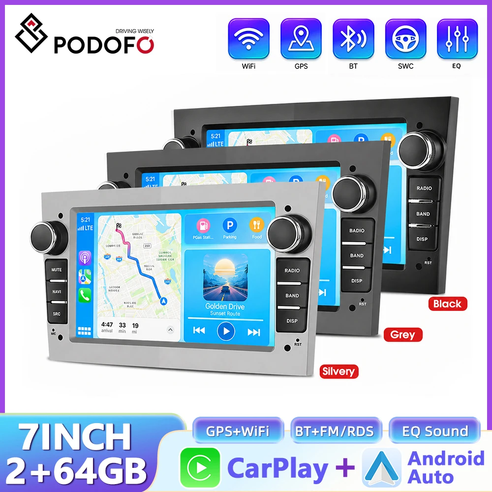 Radio Multimedia para Auto Podofo de 7 Pulgadas con CarPlay Inalámbrico y Android Auto, GPS para Opel Astra H J 2004, Vectra, Vauxhall Antara, Zafira, Corsa C D, Vivaro, Meriva, Veda 1