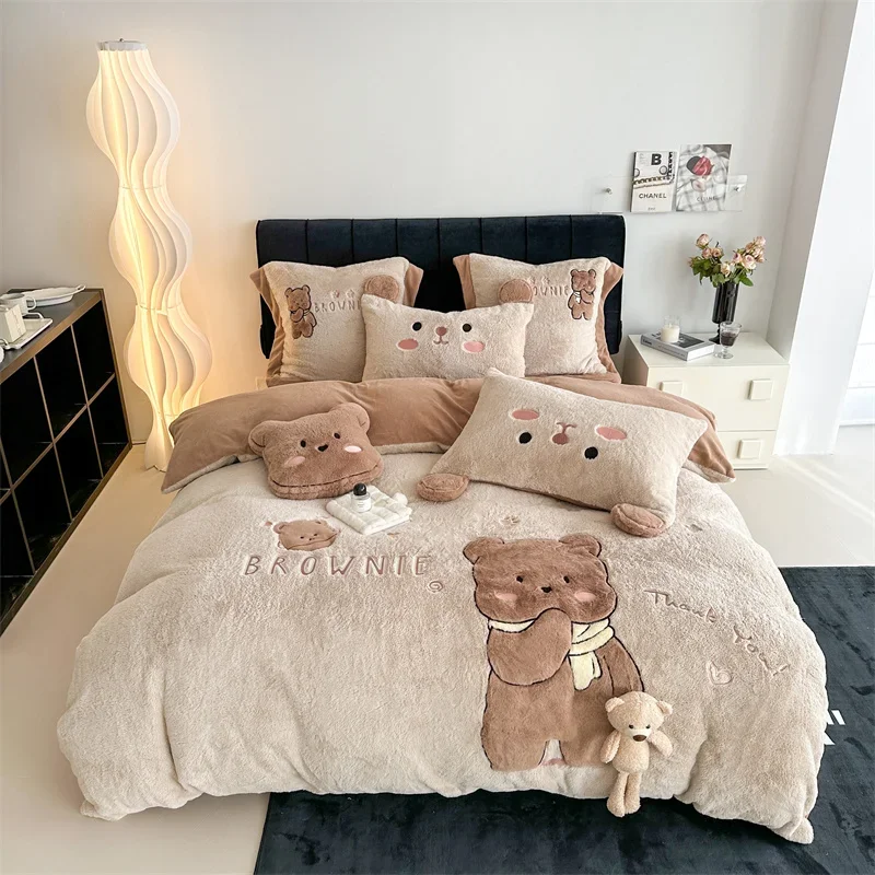

Faux fur patch embroidered home Bed linen Microfiber bedding set room decor bed cover full set quilt duvet cover bed sheets set