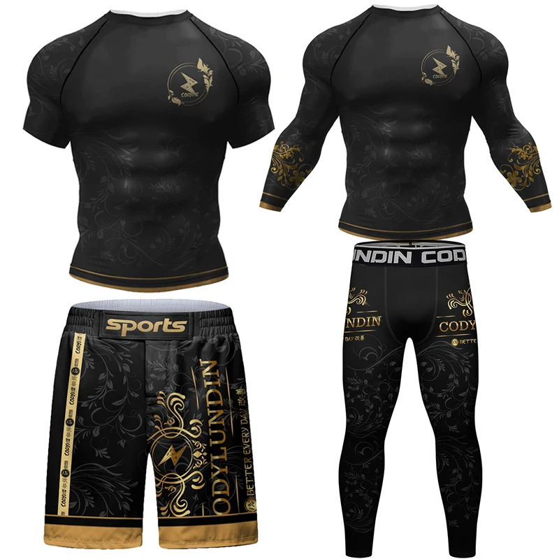 

kompresi pakaian latihan ketat kaus Jogging+celana set pakaian olahraga motif 3D setelan Olahraga Tinju kompresi Rashguard MMA