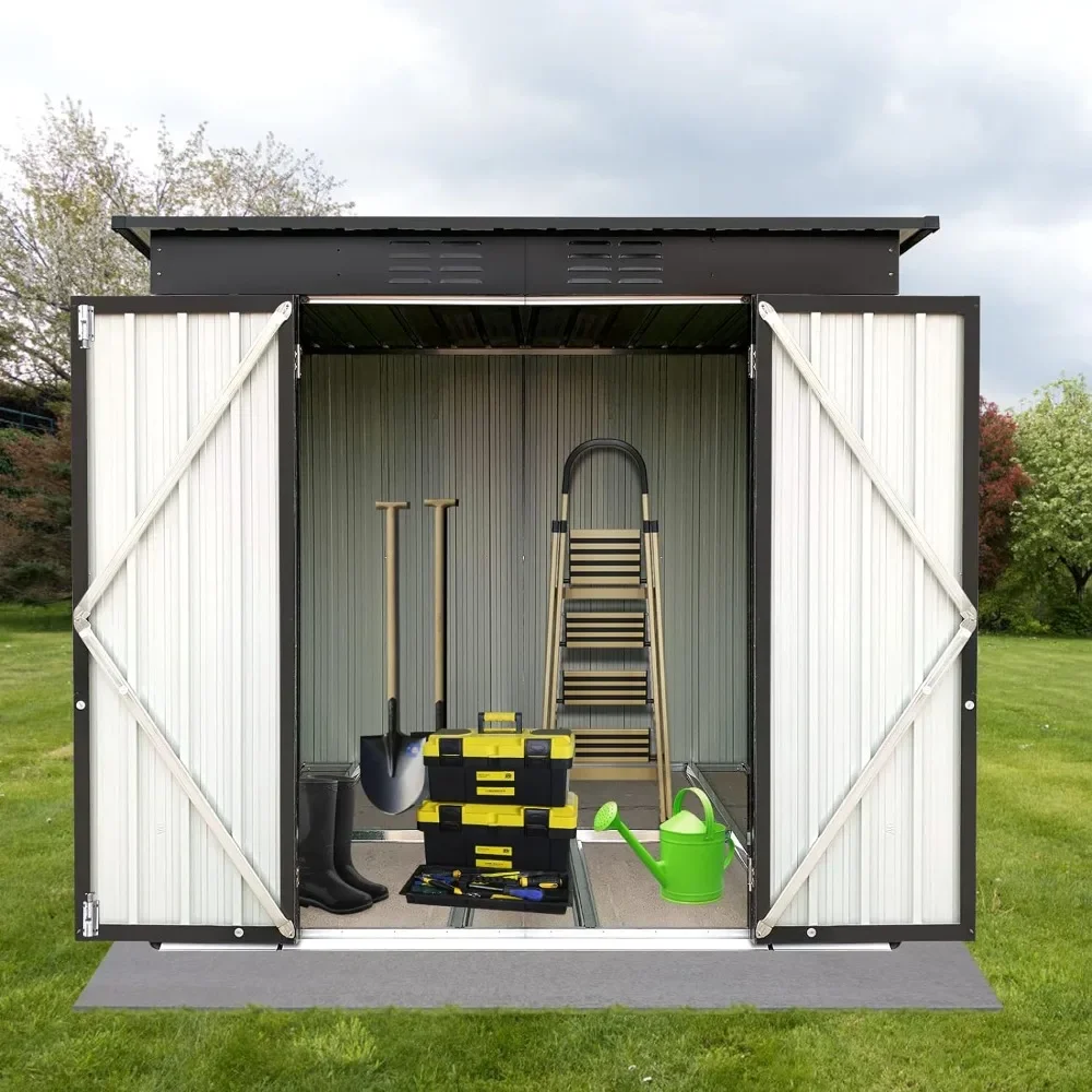 

4FTx6FT Metal Outdoor Storage Shed with Covered - Safe and Durable Gardening Tools & Equipment Storage Building, White & Black