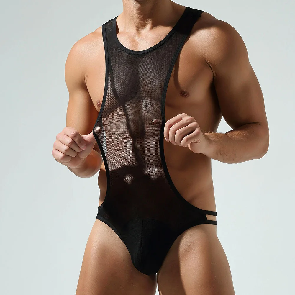 Miosam New Fashion transparent mesh sexy sports vest clothes Sheer tights sexy briefs jumpsuit thong soft breathable onesie men