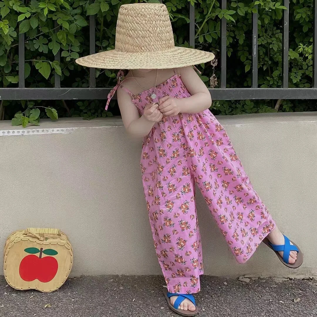 

2023 Summer Korean Style Kids Jumpsuit Pink Sweet Cute Sleeveless Retro Fashion New Design Pretty Soft Cotton for Girls
