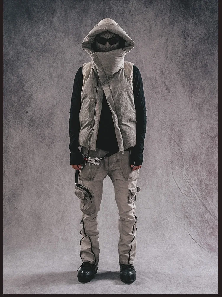WasteLand Frost Color Turtleneck Collar Distressed Color Matching Oblique Zipper Warm down Hooded All-Matching Outer Wear Vest