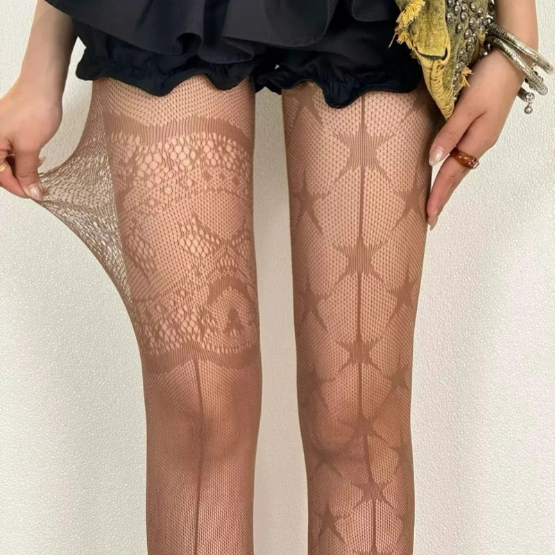 Women's Tights Hollow Out Mesh Patterned Fishnet Stockings AB Design Five-pointed Star Printed Sexy Punk Style Slim Pantyhose