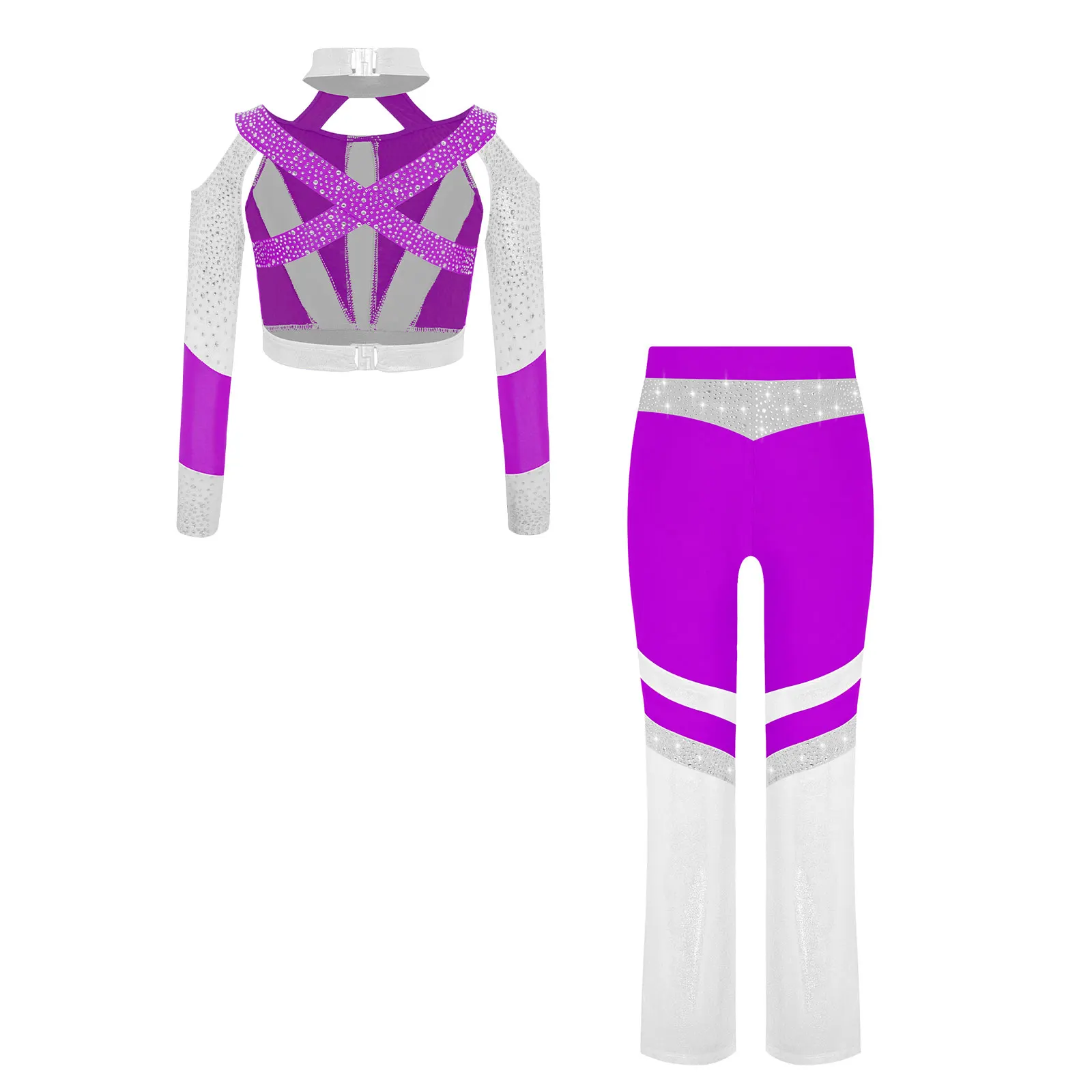 Kinder Mädchen Rhythmische Gymnastik Akrobatik Eiskunstlauf Ballett Jazz Tanzkostüm Glänzendes Strass-Crop-Top mit Schlaghose – Detail 10