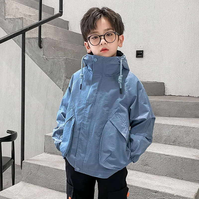 

6-16Y Children Jackets Spring Autumn Boys Coats Hooded Zipper Solid Loose Fashion Windproof Kids Outerwear Clothes Hw53