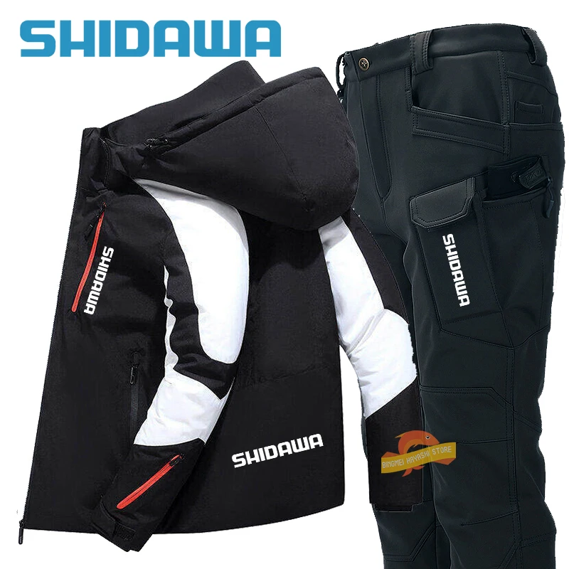 

High Quality Winter Men's Coldproof Fishing Suit Outdoor Windproof Hooded Multi Pocket Hiking Down Jacket + Pants Two Piece Set