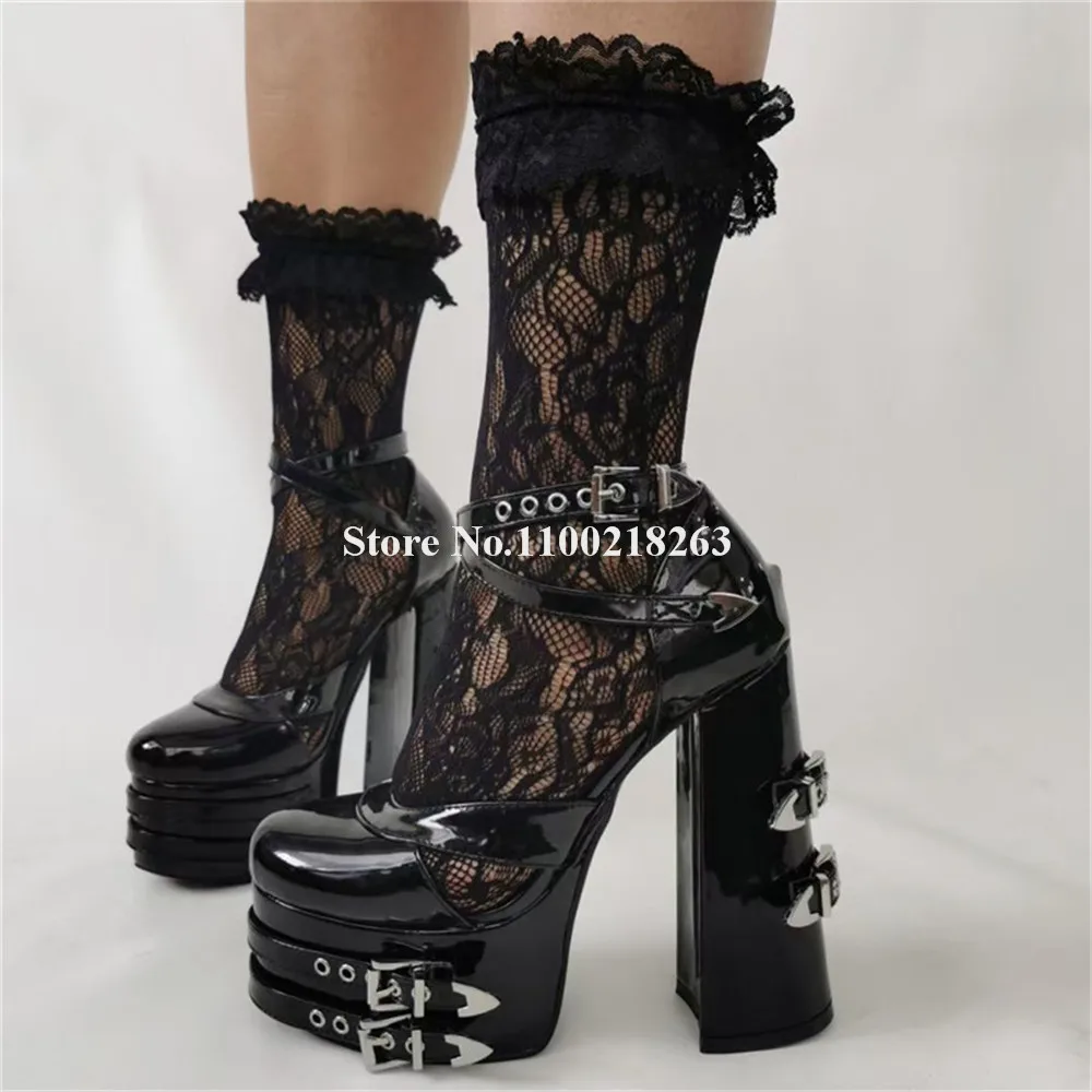 

Newest Metal Buckles Decorated Chunky Heel Pumps Sexy Round Toe Black Patent Leather Blue Denim High Platform Block Heel Pumps