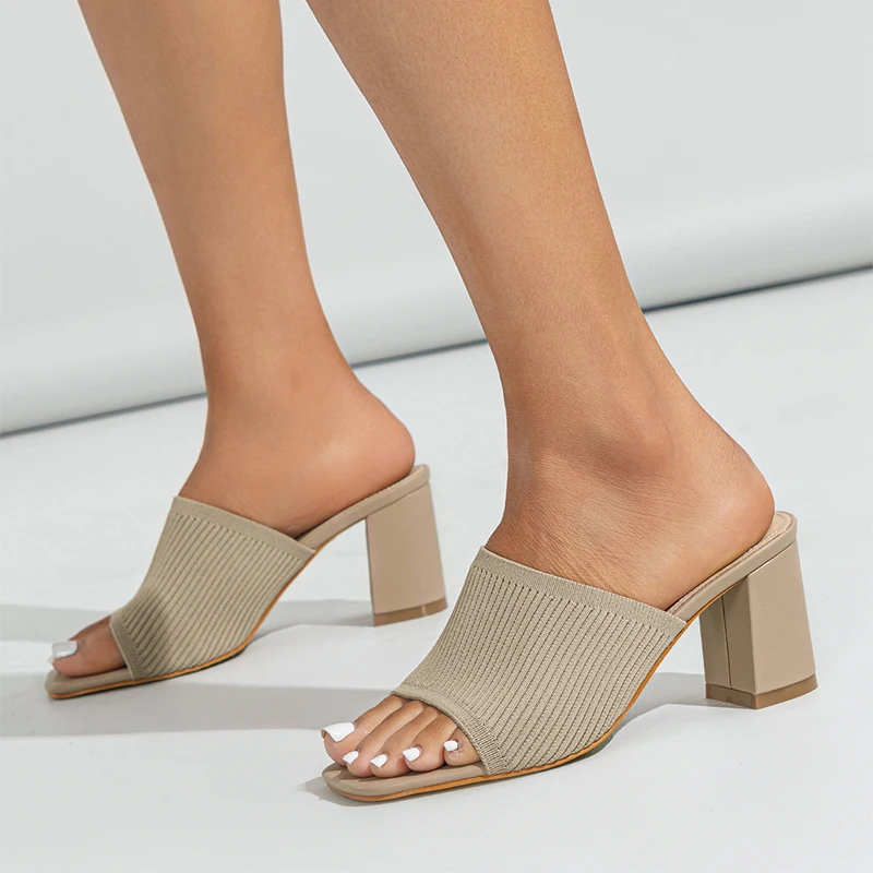 Square Toe Knitted Elastic Fabric Women's Slippers Thick Heels Pumps 35-42 Plus Size Comfortable Genuine Leather Shoes For Women