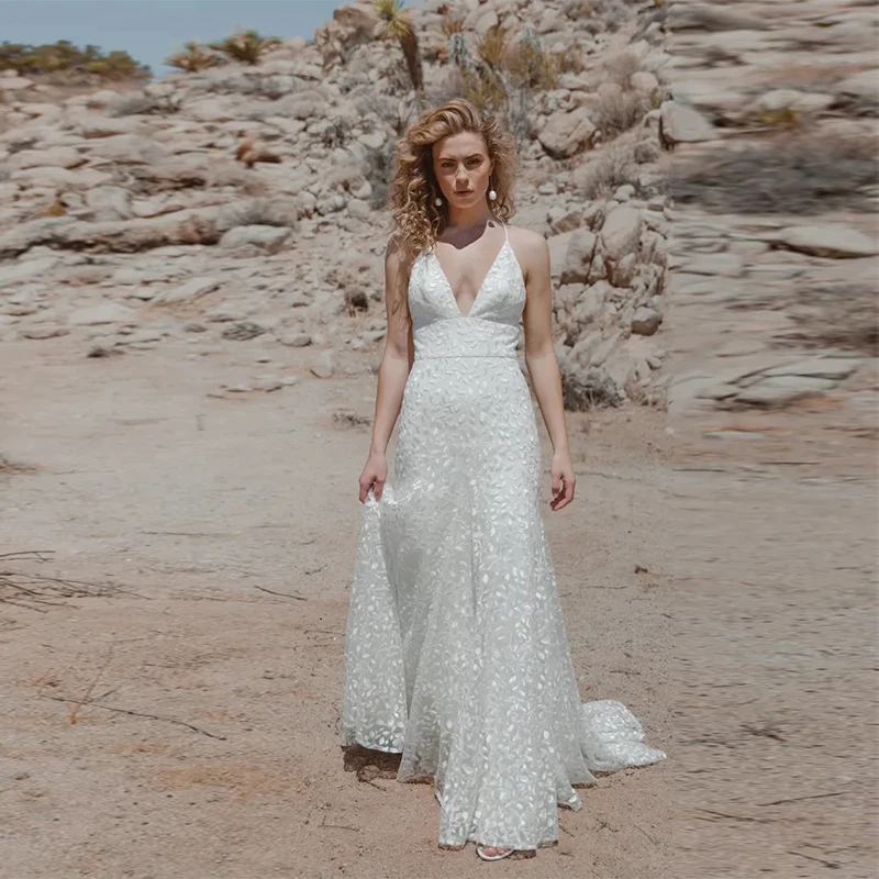 

Sexy Deep V Neck Lace Wedding Dresses Mermaid Backless Ivory Bridal Gowns For Bride Sleeveless Sweep Train Vestidos De Novia