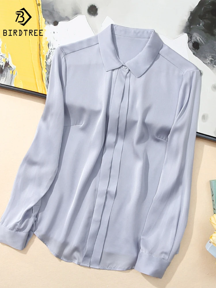 

BirdTree 100%Real Silk Shirt Women, Polo Neck Long Sleeve Solid, Loose Elegant Commute Blouses, 2024 Spring New Tops T41823QD