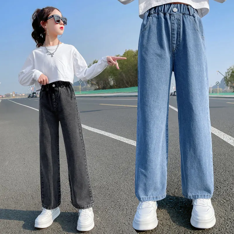 

2023 Casual Style Jeans For Girl Teenage Clothes Elastic High Waist Denim Wide Leg Pants Spring Big Kids Straight Trousers 5-14Y