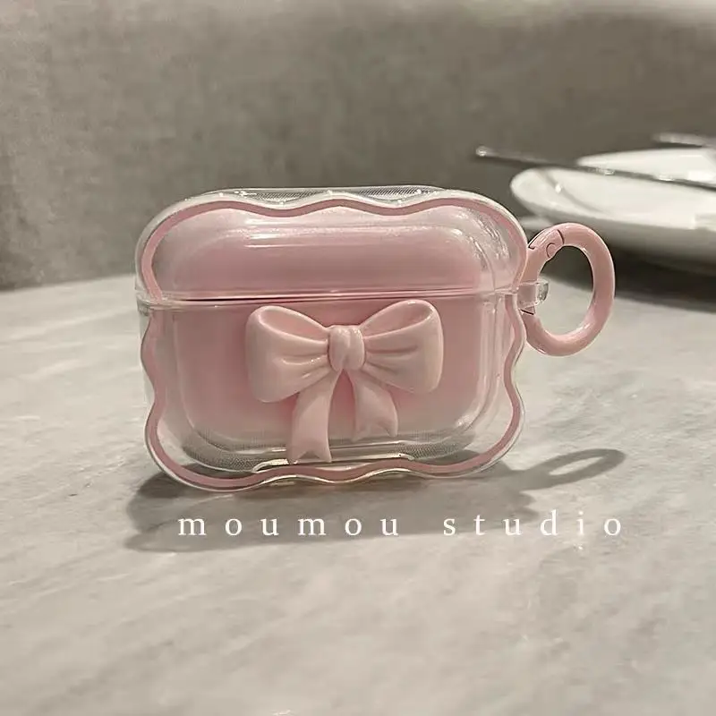Pink Floral Bow Wave 3D Case with Keychain for Wireless Earbud Charging Cases