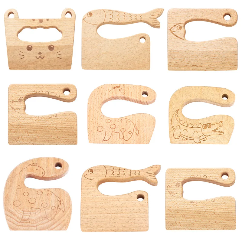 Pretend Kitchen Toys Kitchen Toys Educational Toys Wooden Kids Knife for Cooking Cute Fish Dinosaur Shape Kitchen Toy Vegetable Fruit Cutter Kitchen Tool Toys Wood Knife for Child