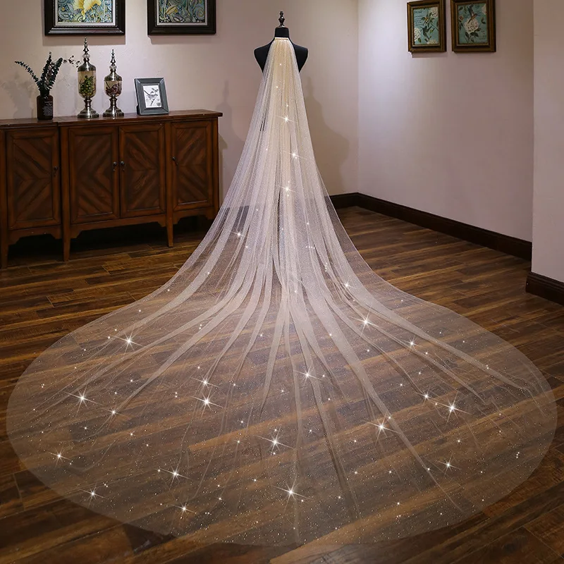 

Long Bridal Veils with Comb 3 Meters 1 Layer Cathedral White Champagne Sparkly Wedding Veil Wedding Accessories