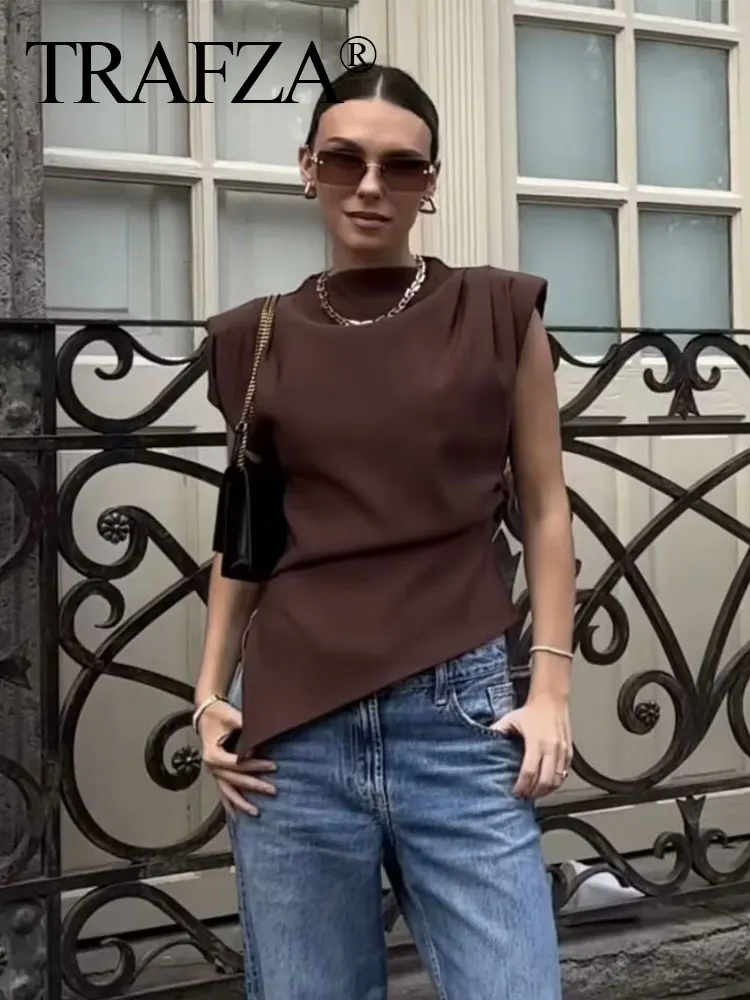 HH Women Vintage Solid Pleated Tank Tops Irregular Hem Sleeveless Tops Summer Fashion Lady High Street T-Shirt Chic Tops