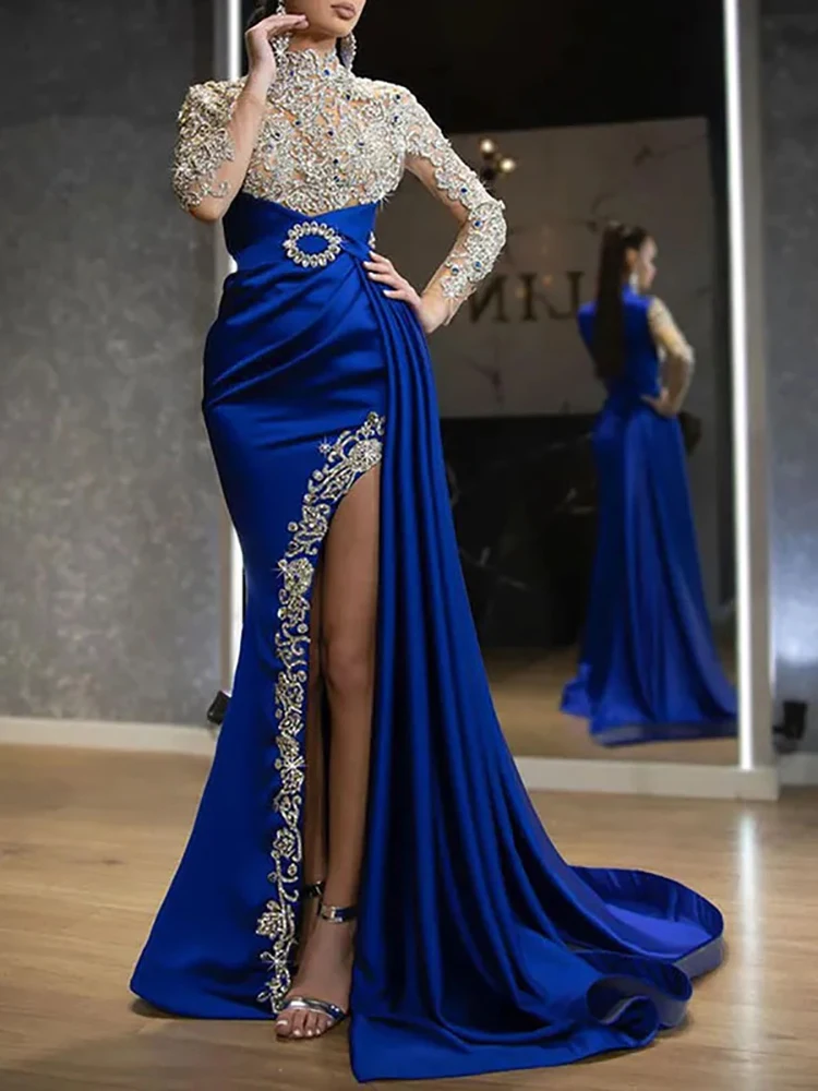 

Fashion Elegant Formal Wedding Guest Evening Prom Dresses Long Sleeve High Neck Slit Beaded Cocktail Birthday