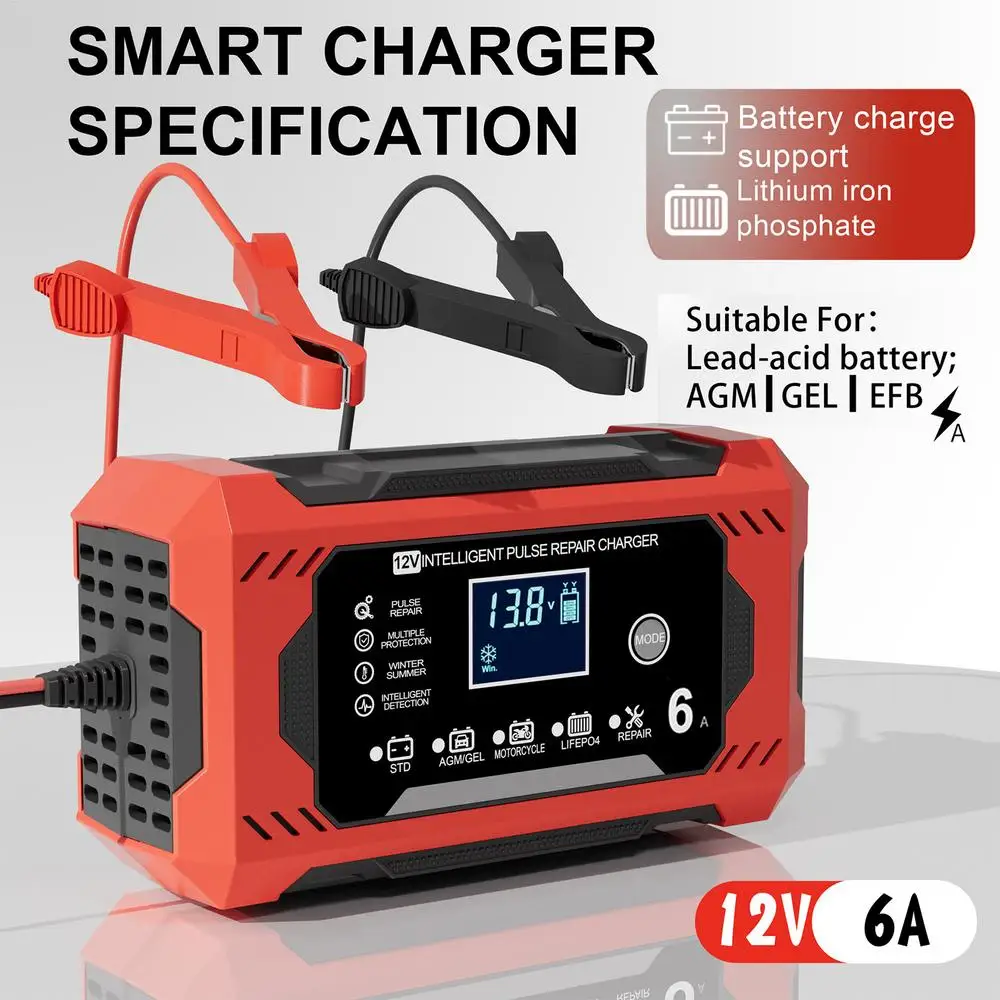 Car Battery Charger 6A 12V Car and Motorcycle Battery Charging Device Lead-acid Battery Smart Repair LCD Display auto tools