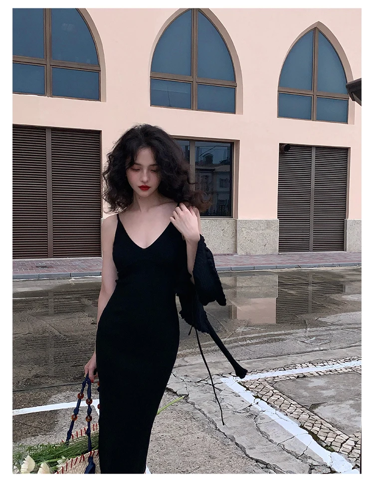 Vintage Chic Knitted 2-piece Dress Set Women Crop Cardigan V-neck Spaghetti Strap Bodycon Midi Dress Autumn New Female Clothing