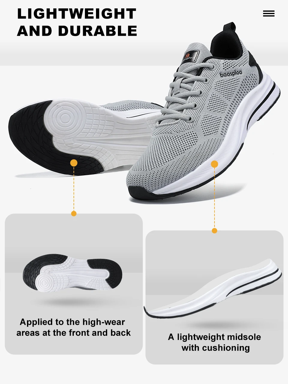 Baasploa Herren-Laufschuhe, atmungsaktive Freizeit-Sneaker aus Mesh, zum Schnüren, bequem, leicht, Sportschuhe, rutschfest, für den Außenbereich – Detail 6