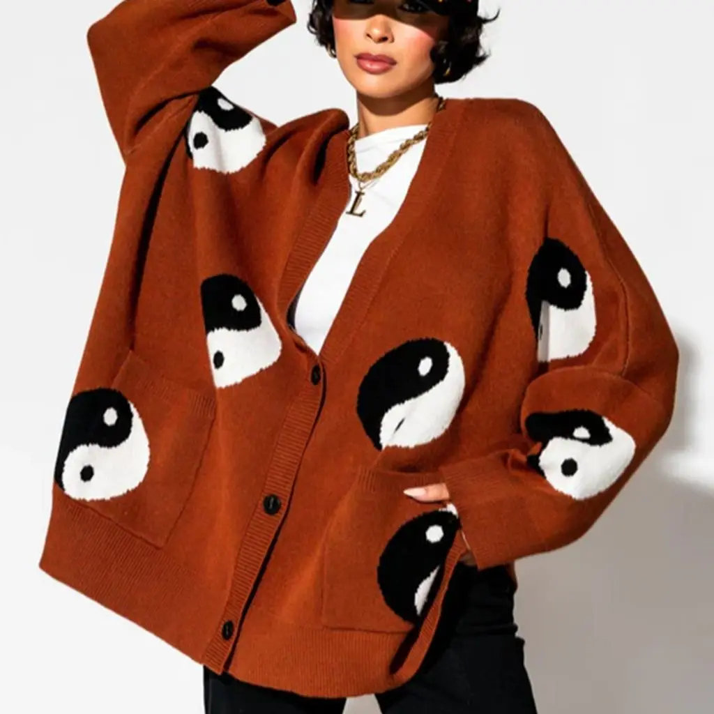 Combhasaki Women's Y2K Vintage Sweater Cardigan Tops Long Sleeve Button Up Deep V-Neck Plaid/Yin Yang Print Loose Knitwear Coats 1