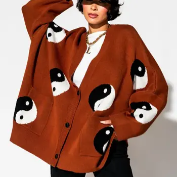 Combhasaki Women's Y2K Vintage Sweater Cardigan Tops Long Sleeve Button Up Deep V-Neck Plaid/Yin Yang Print Loose Knitwear Coats 1