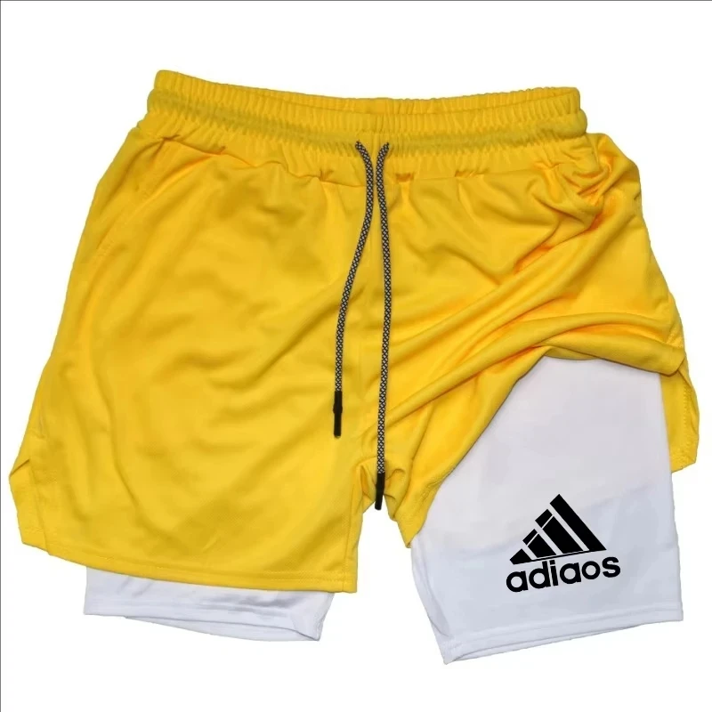 2-in-1 running shorts, suitable for men's fitness leggings, with phone pocket and simple letter print for summer sports pants