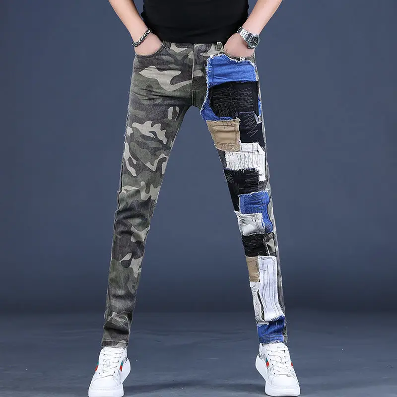 

Men’s Light Luxury Street Fashion Camouflage Jeans,Wear-proof Trendy Style Denim Pants ,Slim-fit Patchwork Casual Jeans;