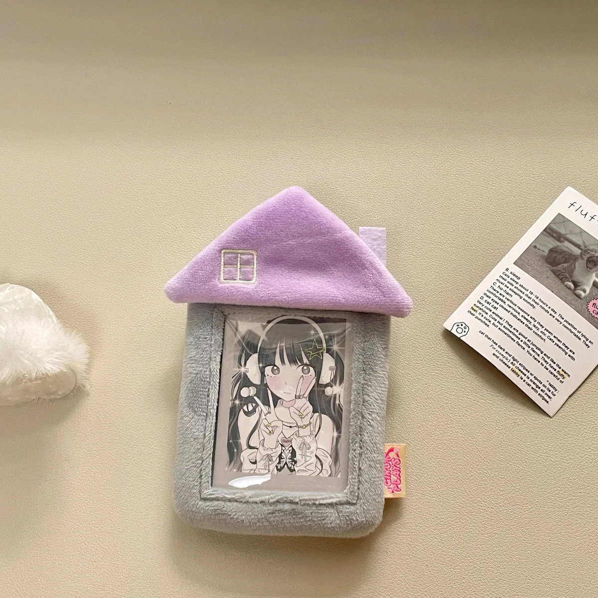 MINKYS Kawaii House Shape Fluffy 3 inch Kpop Photocard Holder Photo Card Holder Bag Pendant School Stationery 5