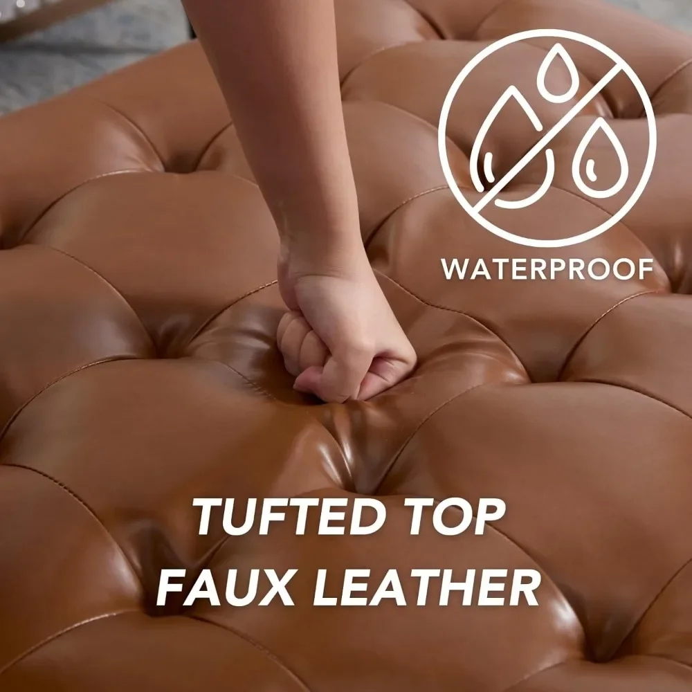 47.75" Leather Ottoman Coffee Table, Tufted Upholstered Cocktail Ottoman, Large Footrest Ottoman Bench with Solid Wood Frame 4