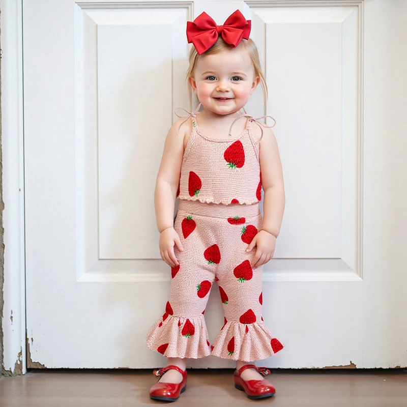 FOCUSNORM 0-5Y Schöne Kinder Mädchen Sommer Kleidung Sets Bowknot/Erdbeere Drucken Tie-Up Spaghetti Strap Tank Tops Flare Hosen – Detail 4