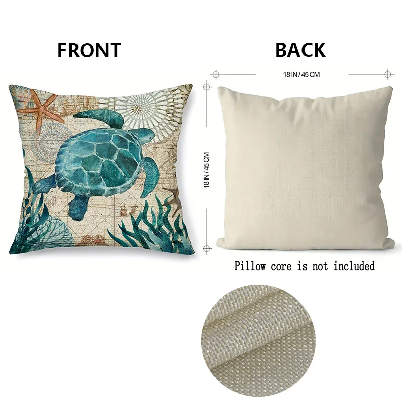 1pc Cove Single Side Square CushionCovers Seahorse Whale Starfish Turtle Blue Ocean Square Throw PillowCover Linen Material 4