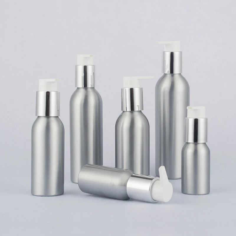 

20pcs 40ml 50ml 100ml 120ml 150ml 200ml Empty Silver Pump Aluminum Bottle For Shower Gel shampoo Liquid soap Cosmetics container