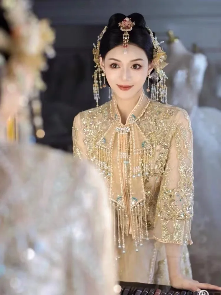 Yourqipao Champagne Xiuhe Dress 2023 Chinese Wedding Toast Abiti Donna Abiti Da Sposa Set Vestidos Longos Pra Festa De Casamento