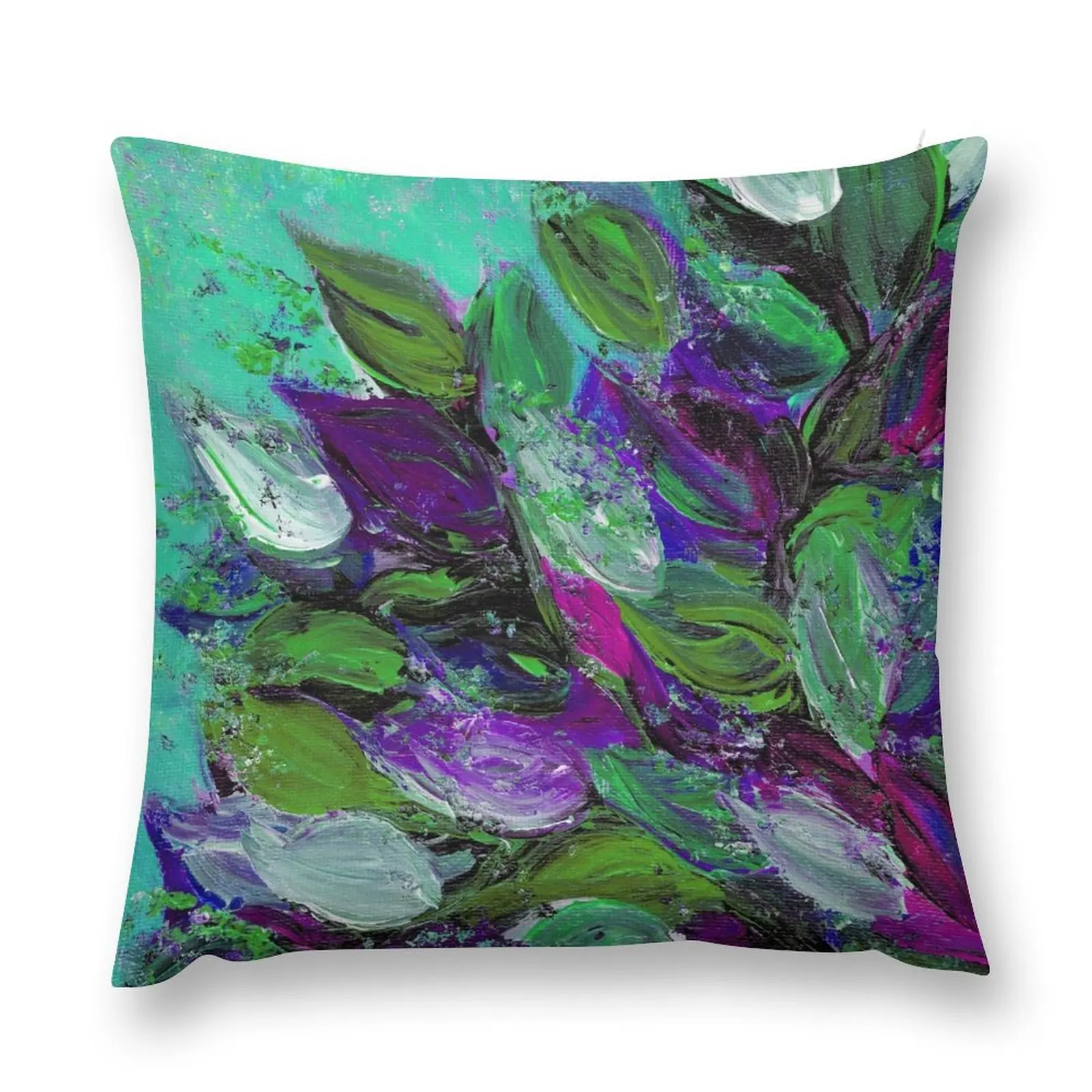 

BLOOMING BEAUTIFUL Mint Green Purple Elegant Floral Abstract Leaves Garden Whimsical Textural Colorful Acrylic Flow Throw Pillow