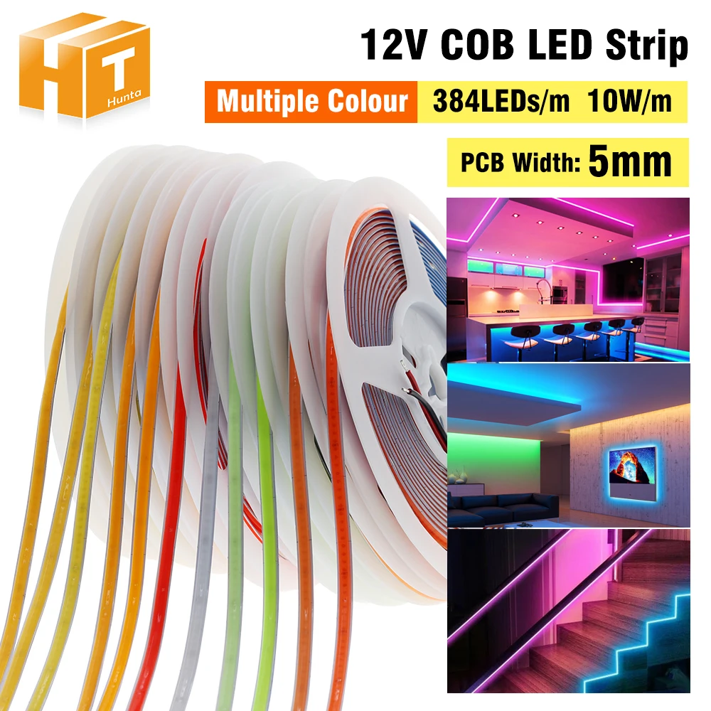 

12V COB LED Strip High Brightness 384LEDs/m 10W/m 3000K 4000K 6000K Plate Width 5mm COB LED Light 5m/lot