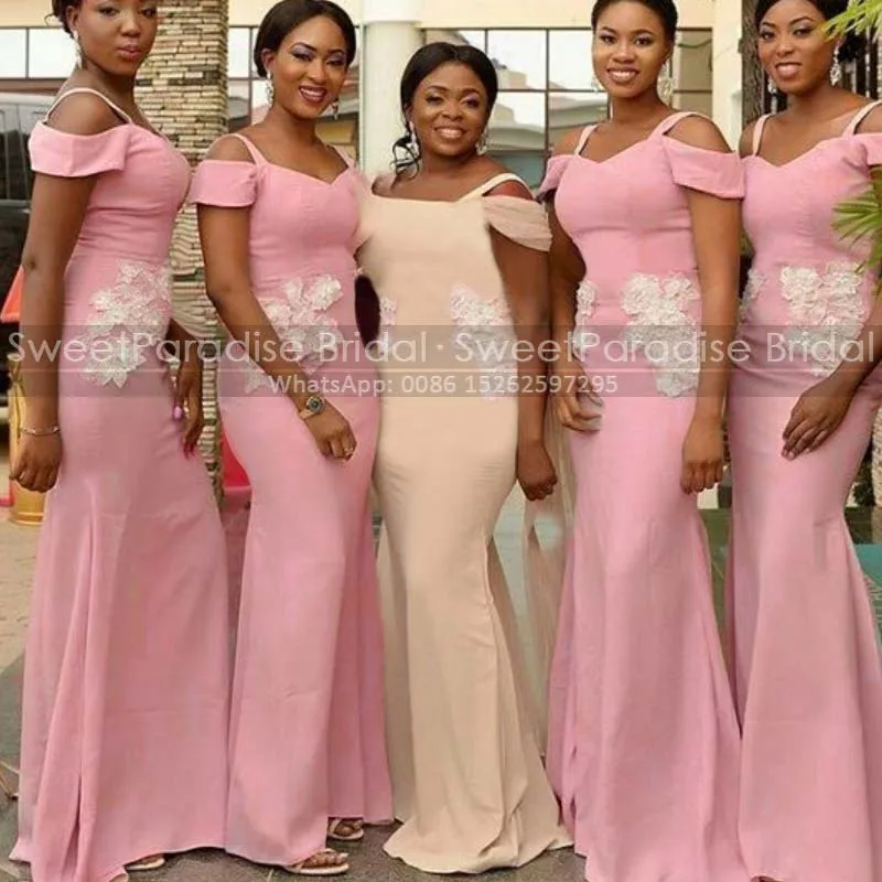 

Pink Mermaid Bridesmaid Dresses With White Appliques Long Spaghetti Off Shoulder Trumpet Party Dress Maid Of Honor