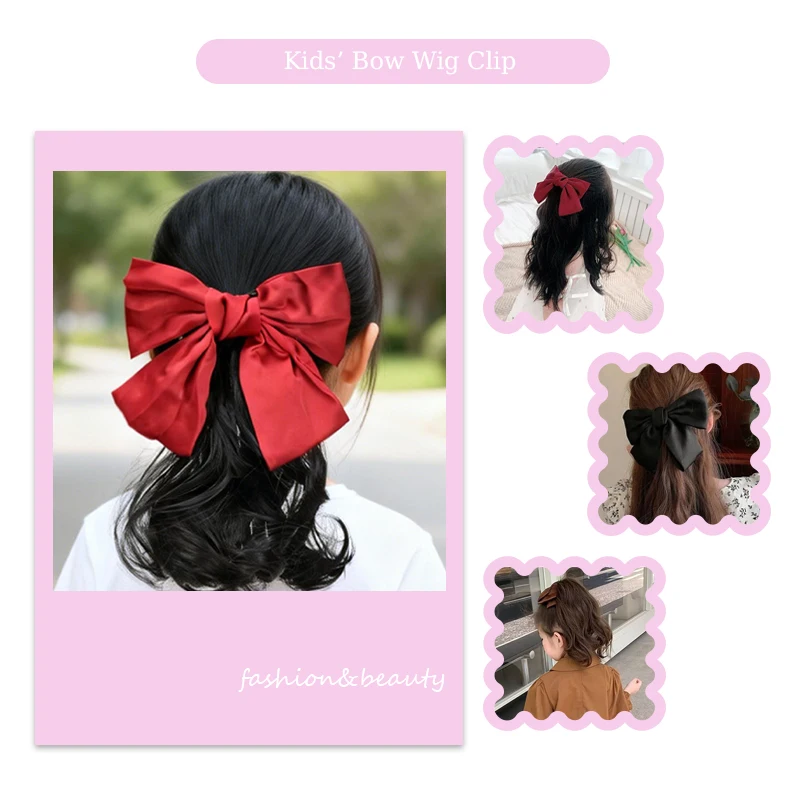 Synthetic Wavy Hair Ponytail Extensions Kids’ Bow Wig Clip Short Wavy Ponytail Hairpiece with Red&Black Bow for Kids Daily Use