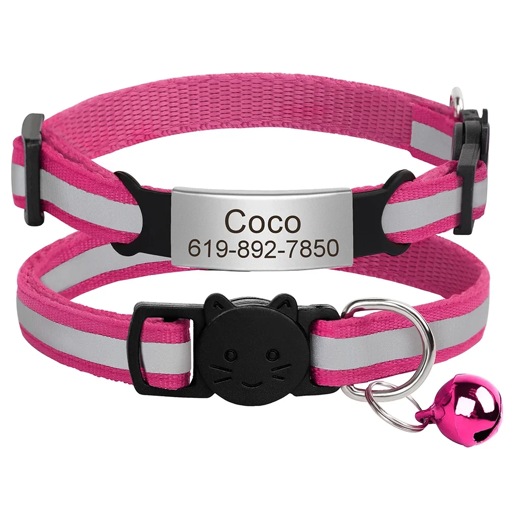 Customized Reflective Cat Collar with Free Engraved ID Nameplate, Bell & Anti-Lost Design