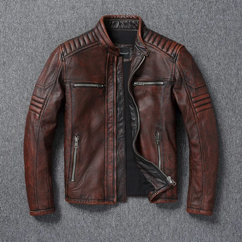 

YR!Free shipping.2023 new Asian size vintage cowhide coat.Men slim fit biker real jacket.Men Classic Rider leather cloth