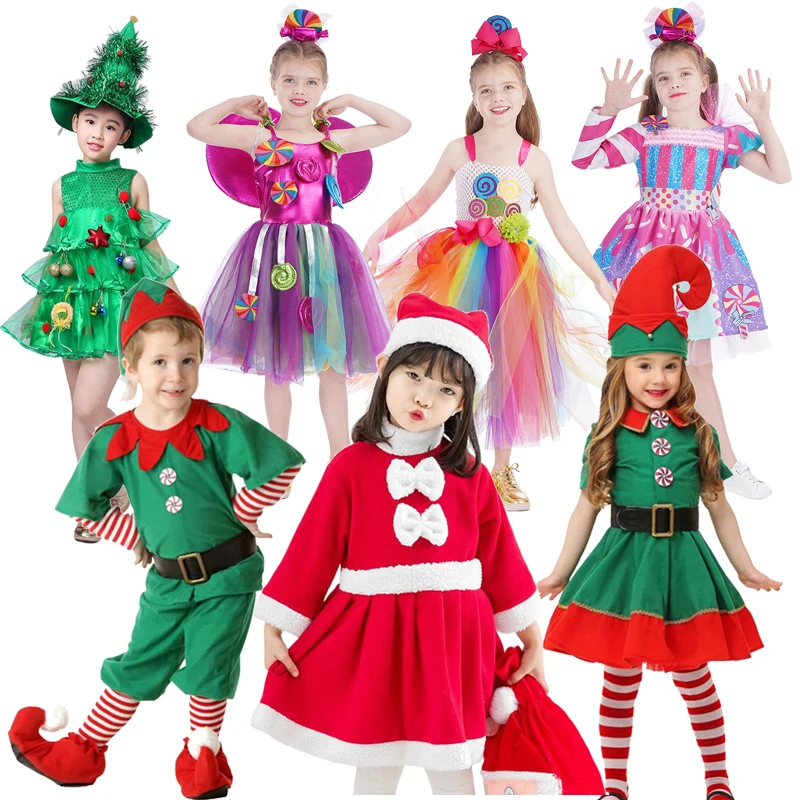 New Baby Girls Boys Christmas Costume Kids Cosplay Santa Claus Red Green Performance Clothing Children Xmas New Year Candy Dress