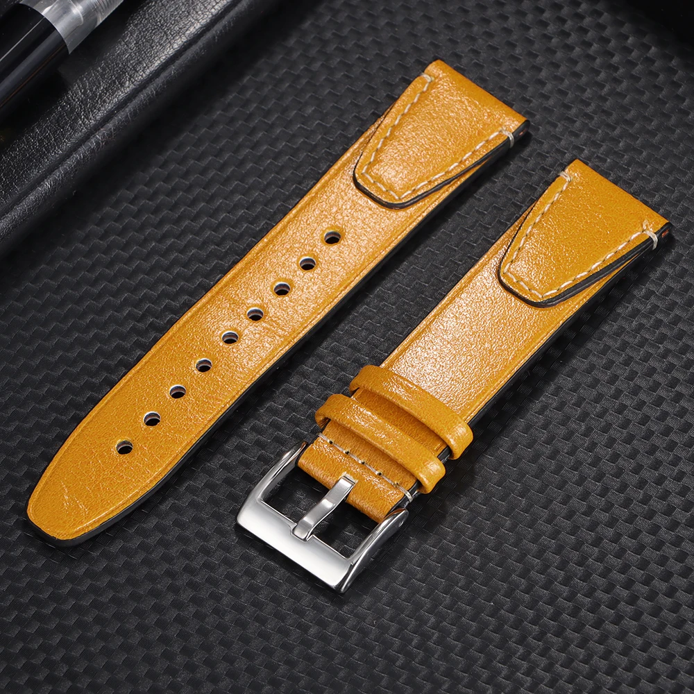 Vintage Oil Wax Leather Watchband with Stitching in Brown